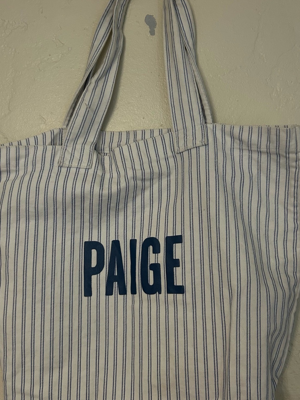 PAIGE Striped White  Tote with Blue Logo